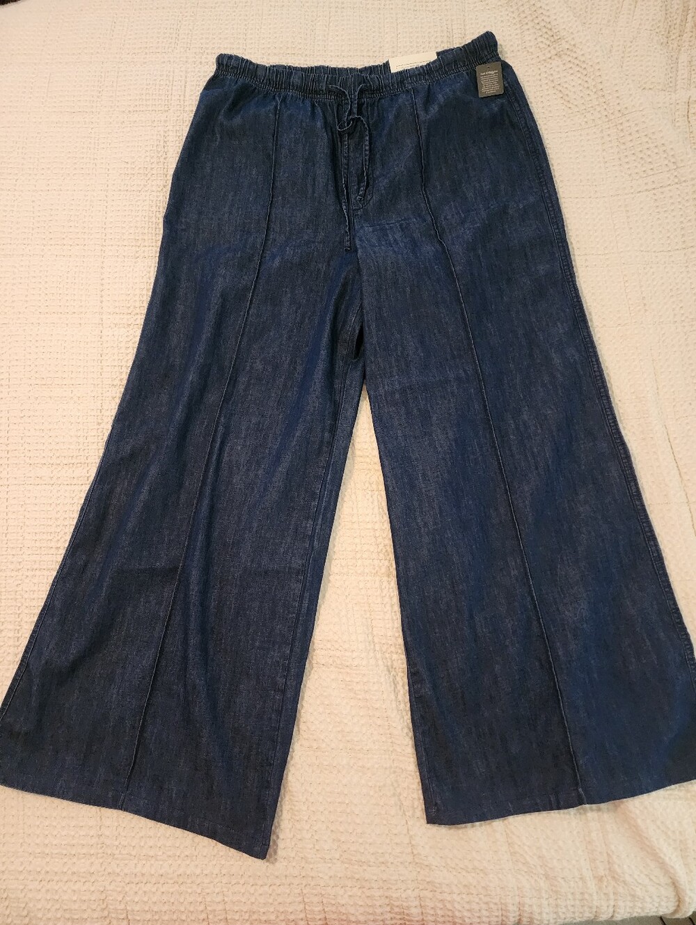 Ana NWT Women's Dark Wash Mid Rise Wide Leg Elastic Drawstring Waist Jeans LARGE